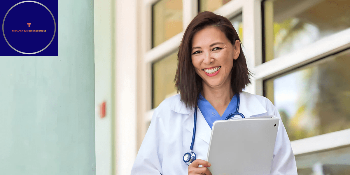"Smiling healthcare professional in a white coat with a stethoscope, holding a tablet in front of a bright, modern building, with the 'Therapay Business Solutions' logo in the corner."