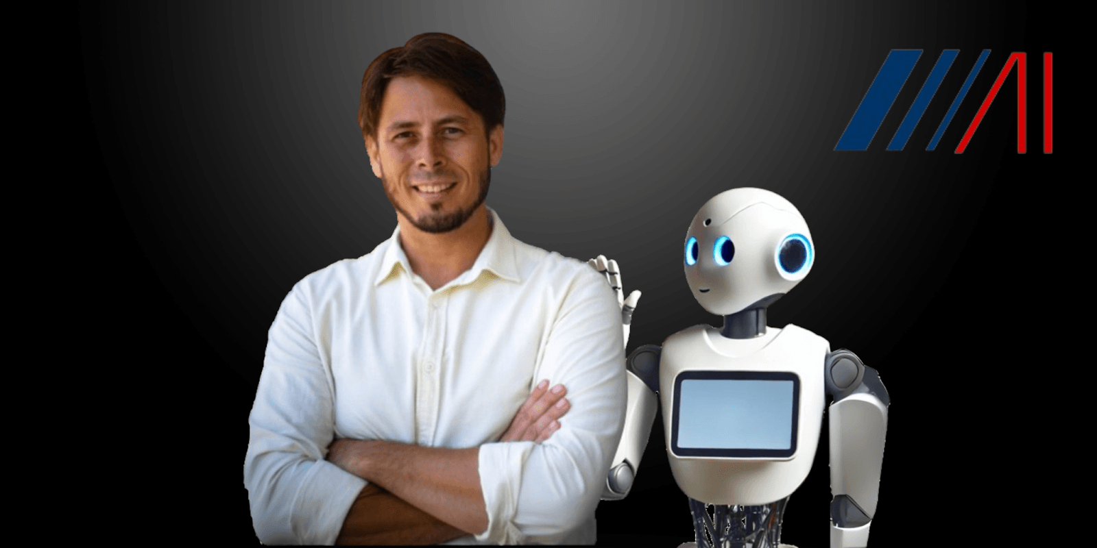 Werner Tenten and AI robot promoting human-centric AI integration for contact centres at getai.cc