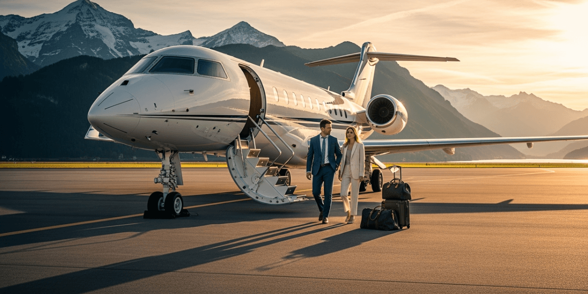 A businessman and businesswoman walking across a private jet tarmac carrying luggage, with the jet in the background, showcasing luxury air travel amidst mountainous scenery at sunset.