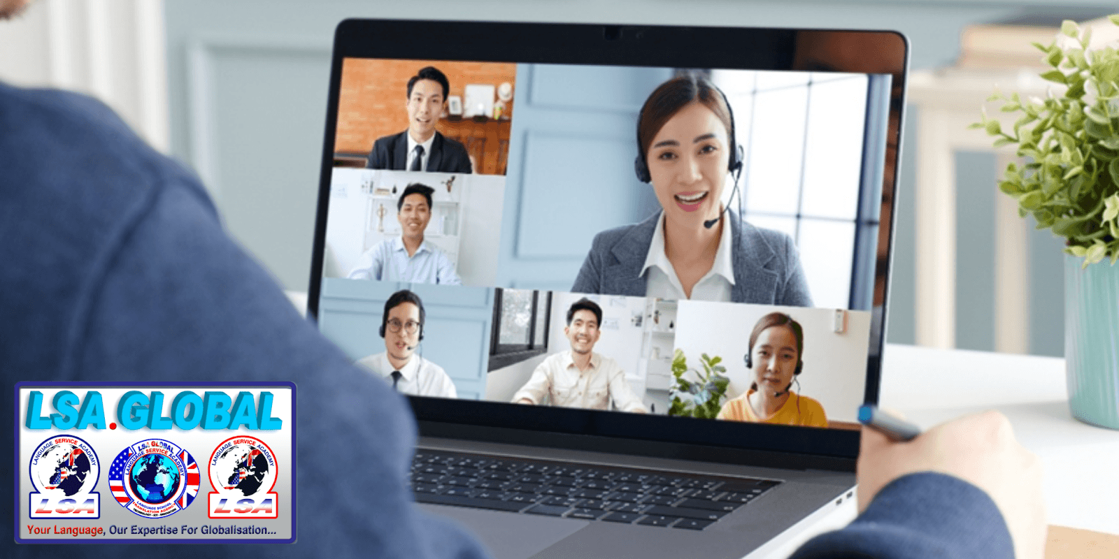 Person attending a virtual meeting with LSA GLOBAL team on a laptop screen.