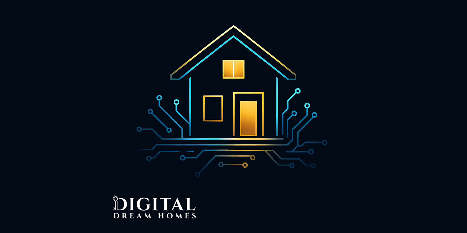 Logo of Digital Dream Homes, featuring a modern house design connected to digital circuit lines, symbolizing the integration of technology and real estate. The logo is accented with a key symbol and sleek typography.