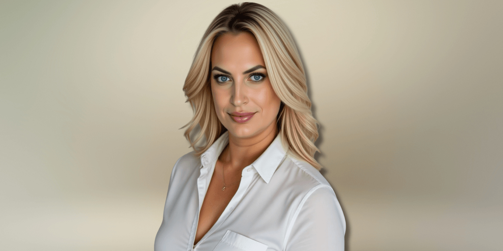Woman with wavy blonde hair in a white blouse, smiling confidently against a neutral background.