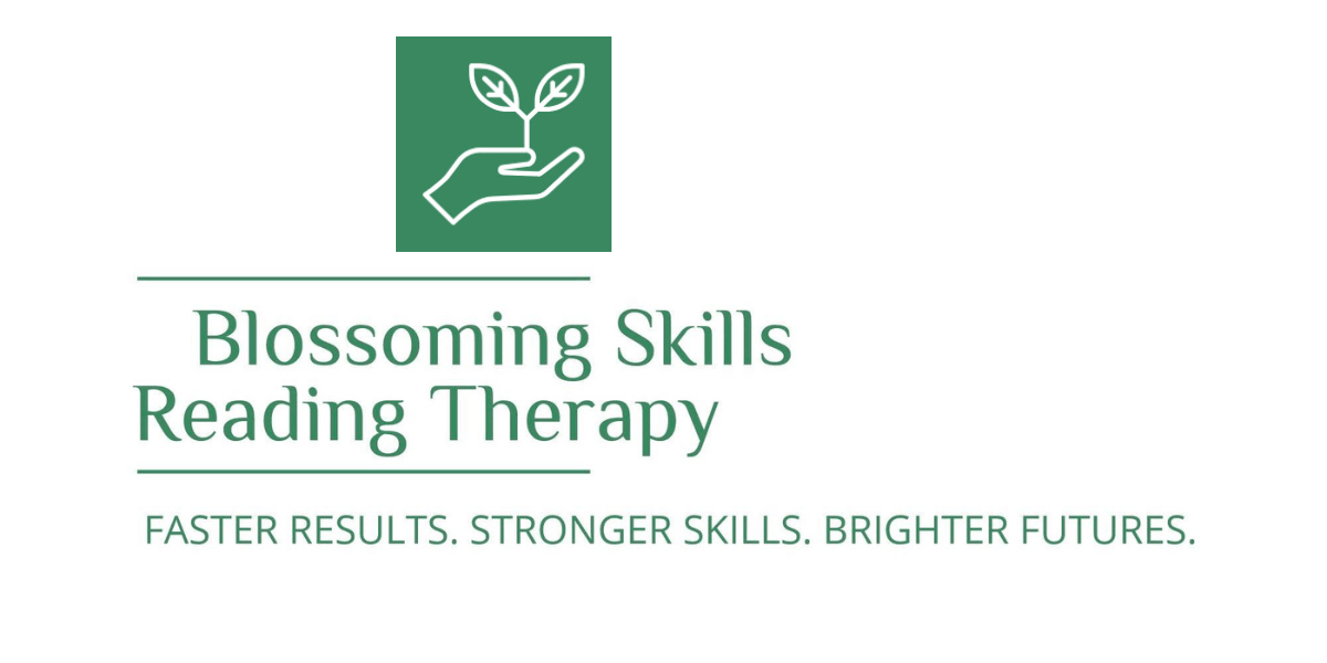 Logo for Blossoming Skills Reading Therapy with a hand holding a sprouting plant and the tagline below.