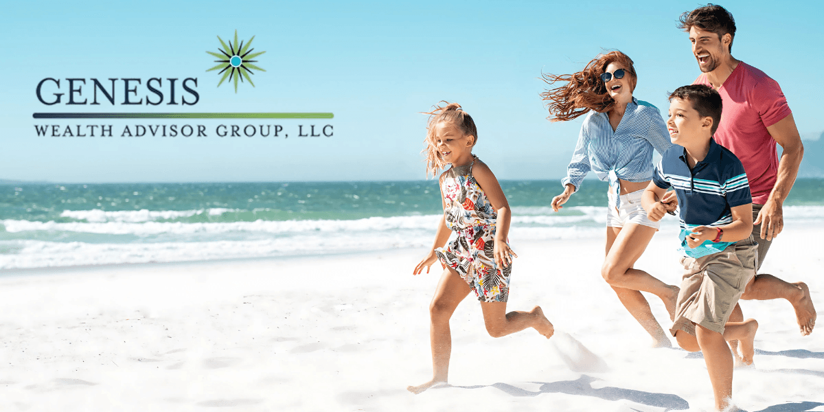 A happy family of four, including two children, running and playing on a sunny beach, with the Genesis Wealth Advisor Group, LLC logo displayed in the top left corner.