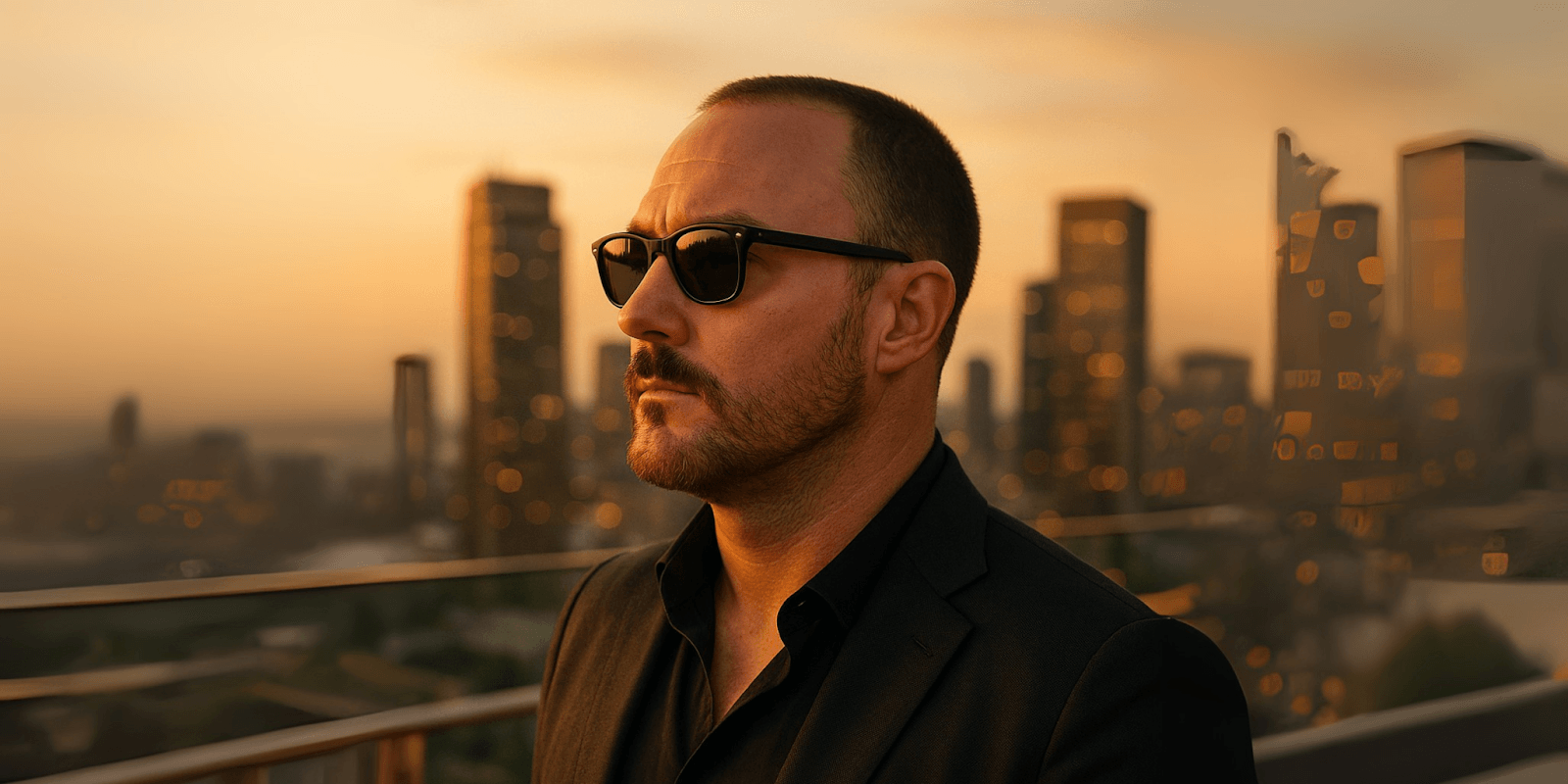 Close-up of a man with sunglasses and a black suit, standing on a balcony with a blurred cityscape and sunset background.