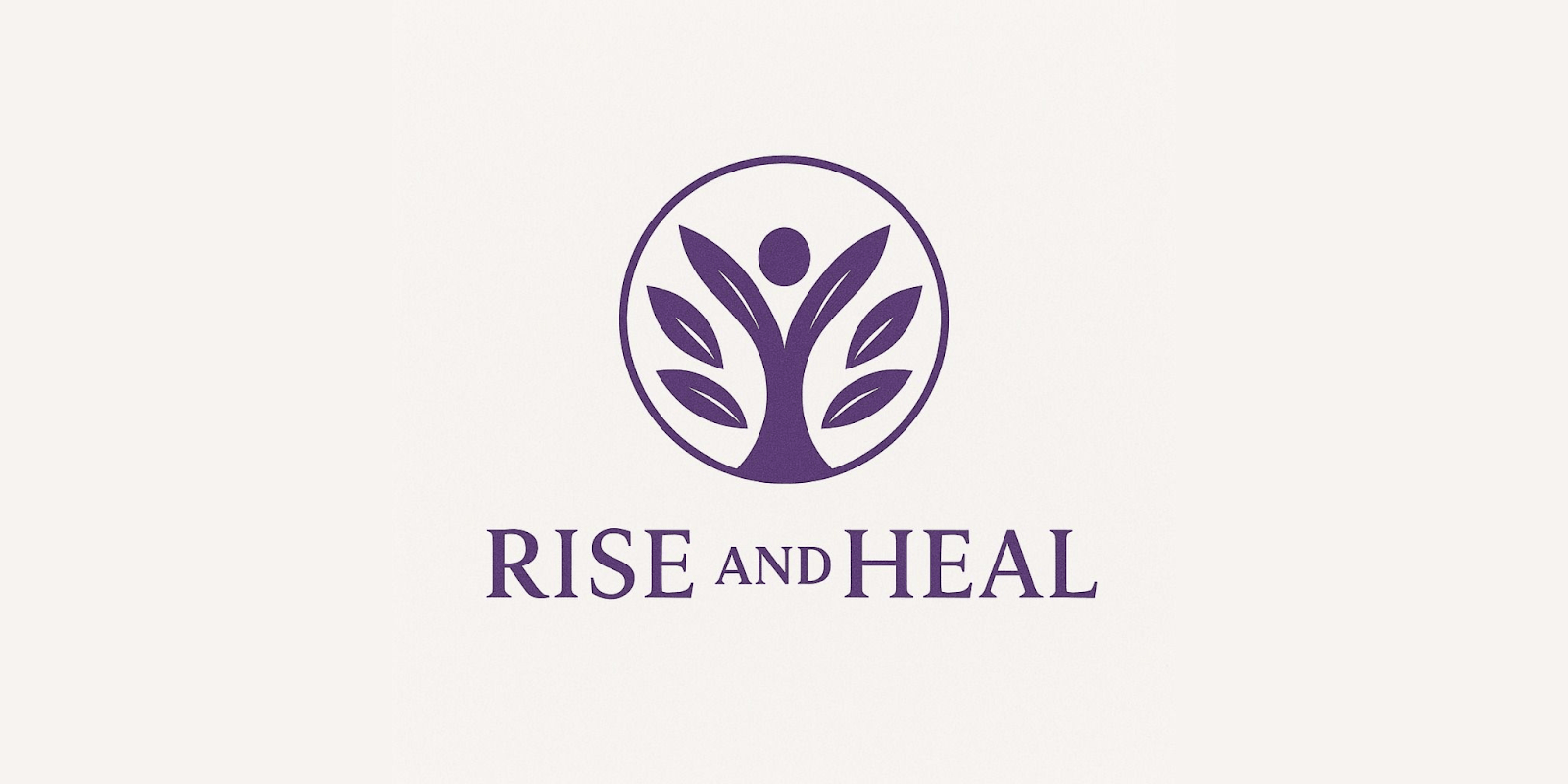 Logo of "Rise and Heal," featuring a stylized tree with human-like elements, symbolizing growth and healing, in a vibrant purple color.
