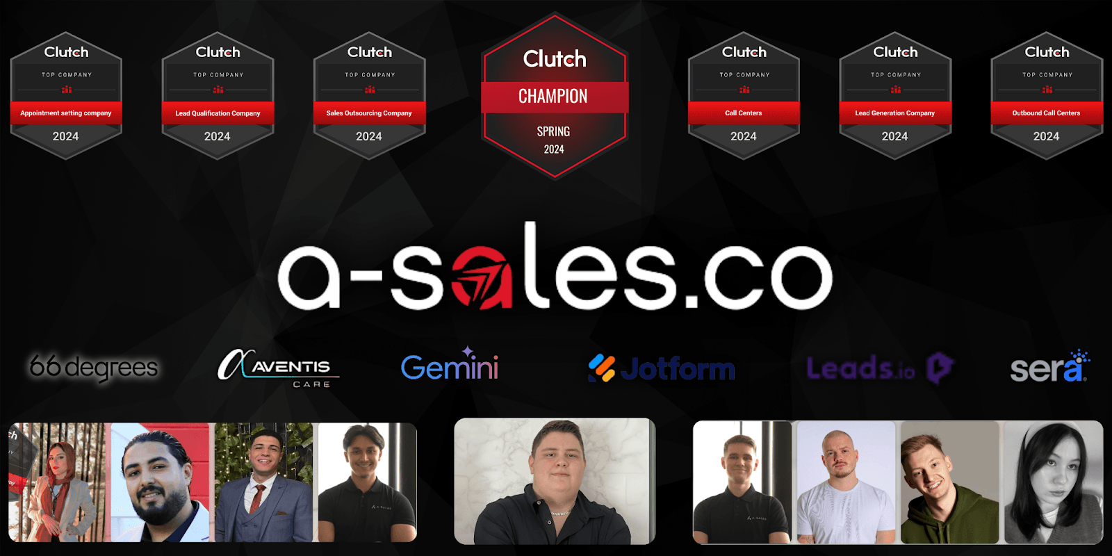 Clutch awards for a-sales.co including Top Appointment Setting Company, Lead Qualification Company, Sales Outsourcing, and Lead Generation Company for 2024 with company logo and partners such as Gemini, Jotform, and Leads.io.