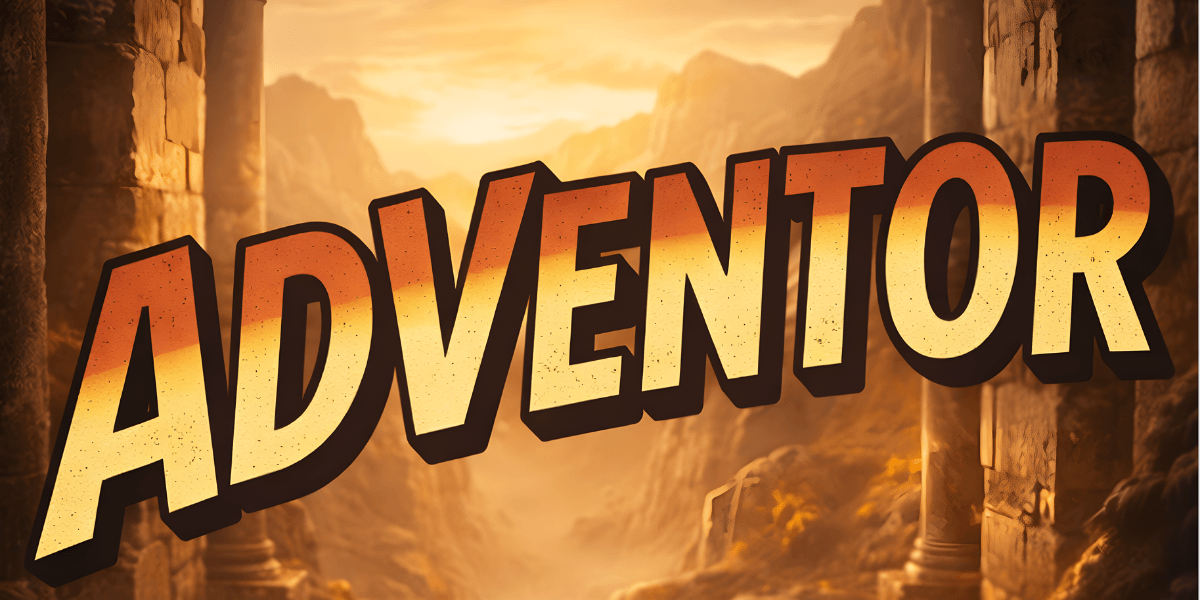 "Adventor logo with bold text set against a rugged, adventurous landscape background."