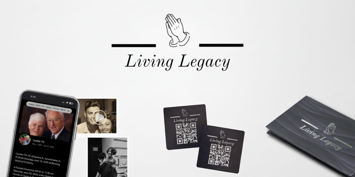Living Legacy logo with praying hands, accompanied by a smartphone displaying an obituary, QR code medallions, and nostalgic photos.