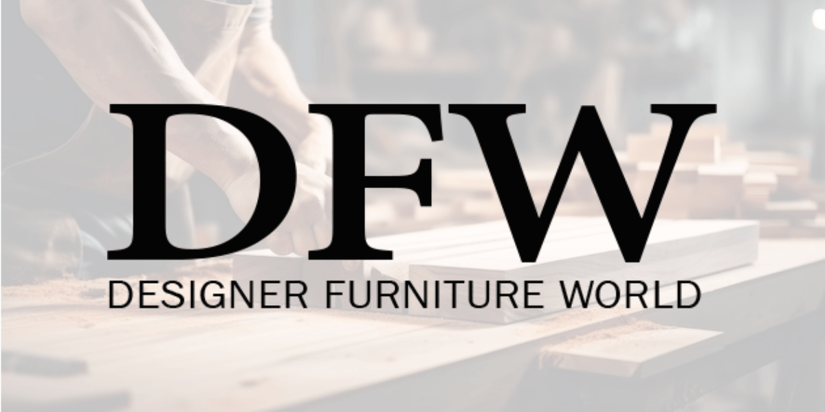 DFW logo on a background showcasing craftsmanship, symbolizing Designer Furniture World’s blend of luxury, functionality, and value.