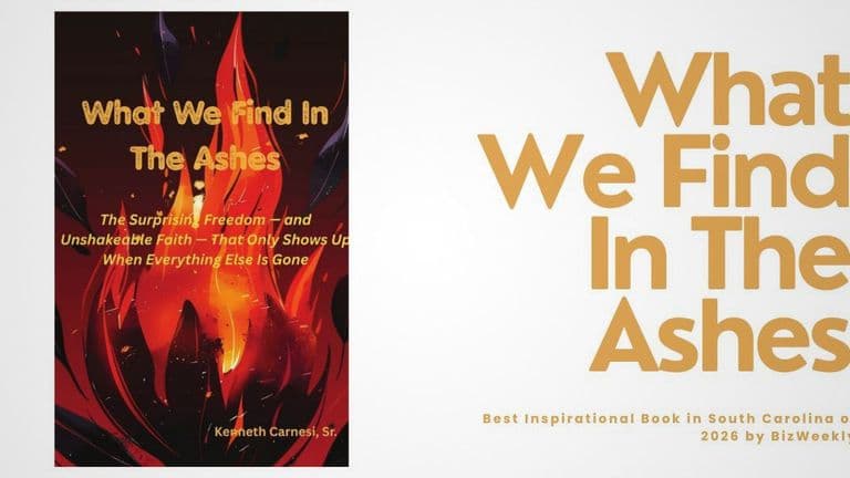Book cover for "What We Find In The Ashes" featuring flames and embers. Title and author in bold, warm colors convey hope and resilience.