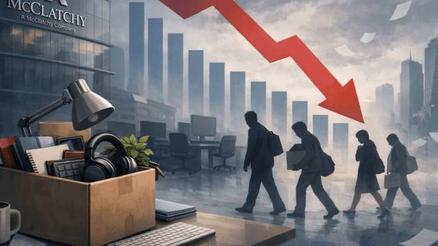 Graphic illustration of a declining market with silhouettes of workers leaving an office.