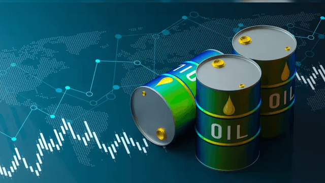 Three oil barrels placed on a background featuring a world map and financial charts