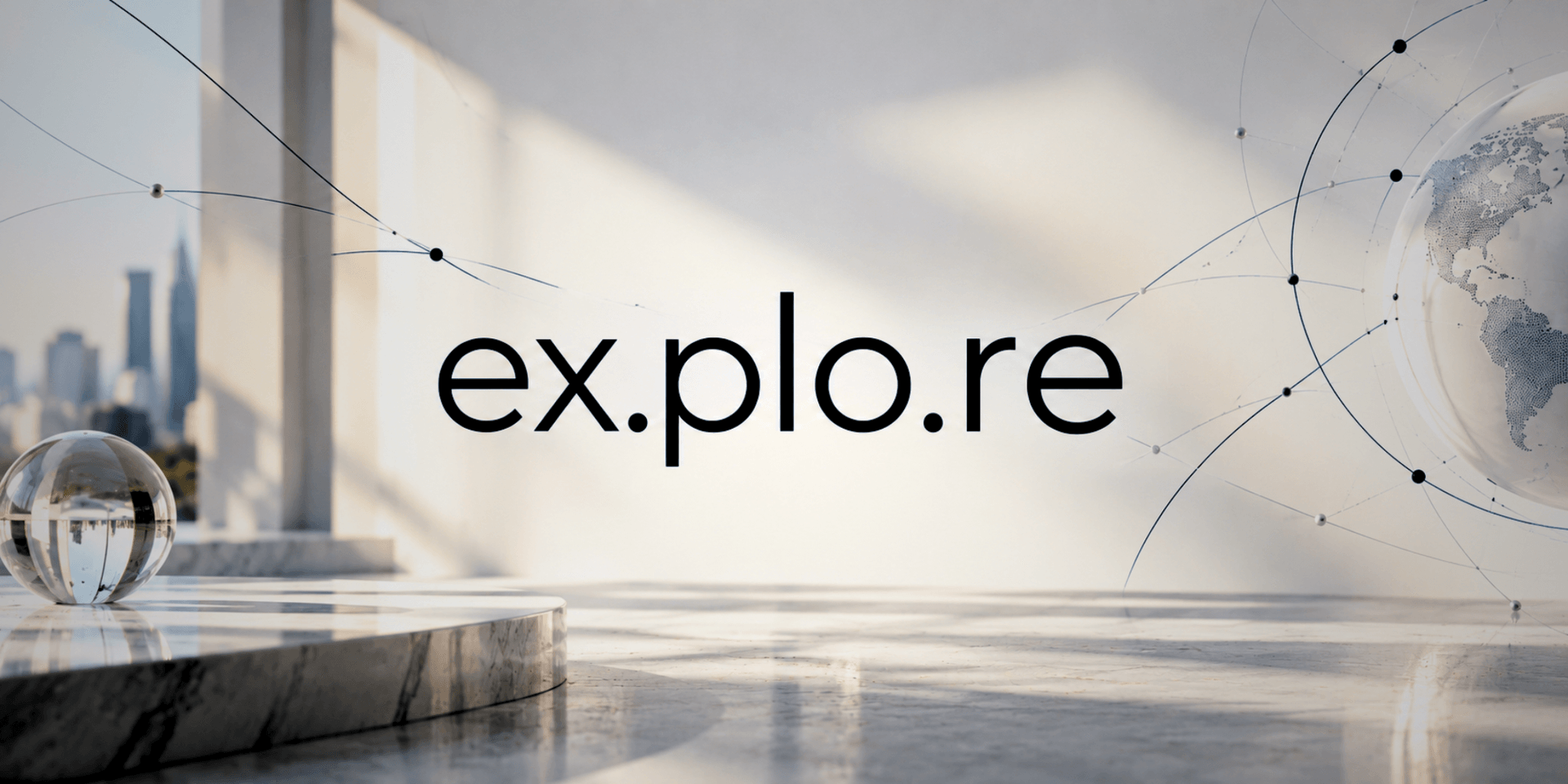 Minimalist interior with the word "explore" and abstract globe graphic in a bright space