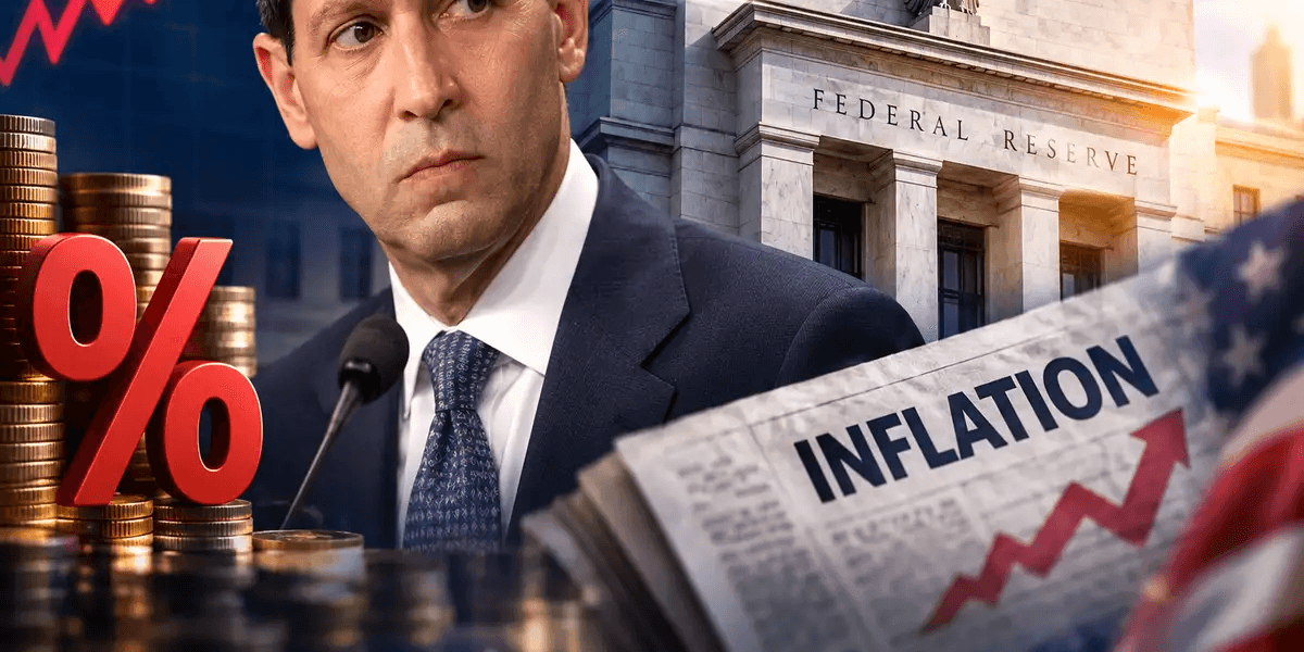 Man in suit with Federal Reserve building, graphs, and newspaper about inflation