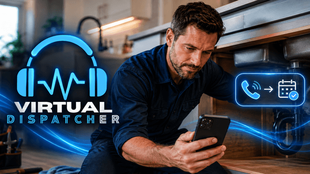 Man using a smartphone under a kitchen sink with virtual dispatcher graphics
