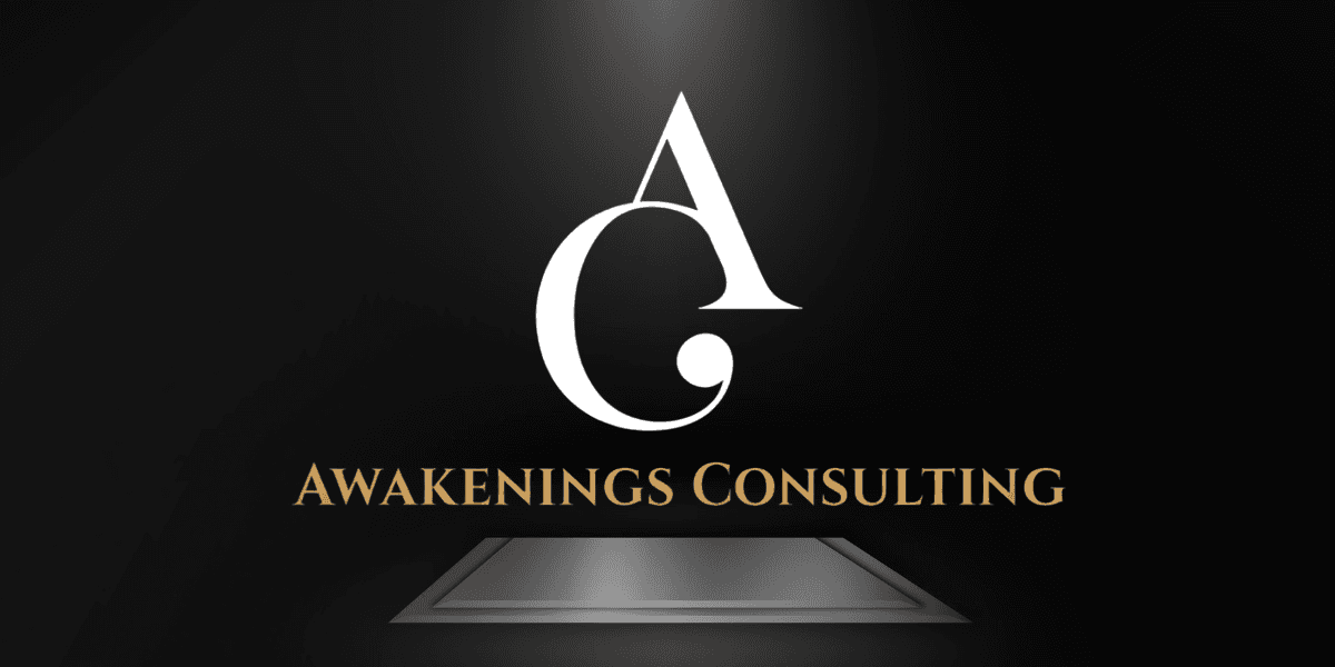 Logo for Awakenings Consulting featuring stylized letters A and C in black and gold