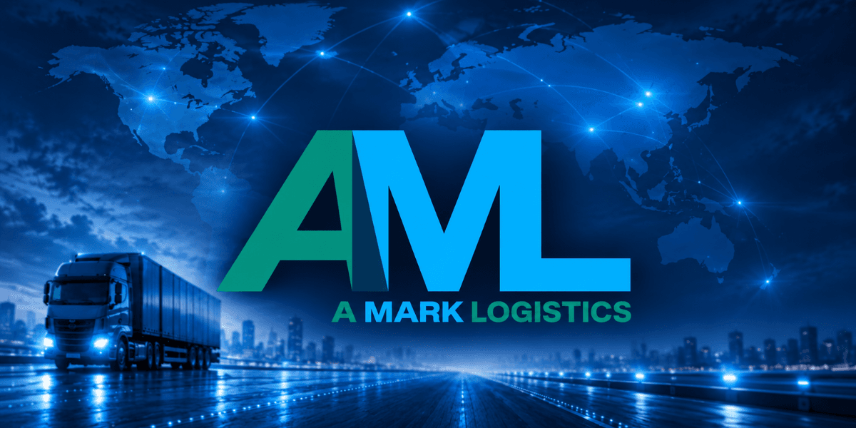 Logo of A Mark Logistics featuring a truck and a world map background