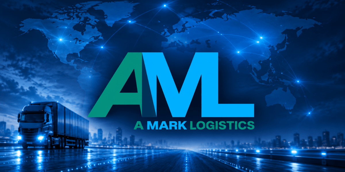 Logo of A Mark Logistics featuring a truck and a world map background