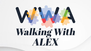 Logo for "Walking With Alex" featuring colorful puzzle pieces and bold lettering