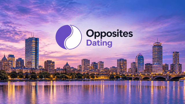 City skyline at sunset with "Opposites Dating" logo in the foreground.