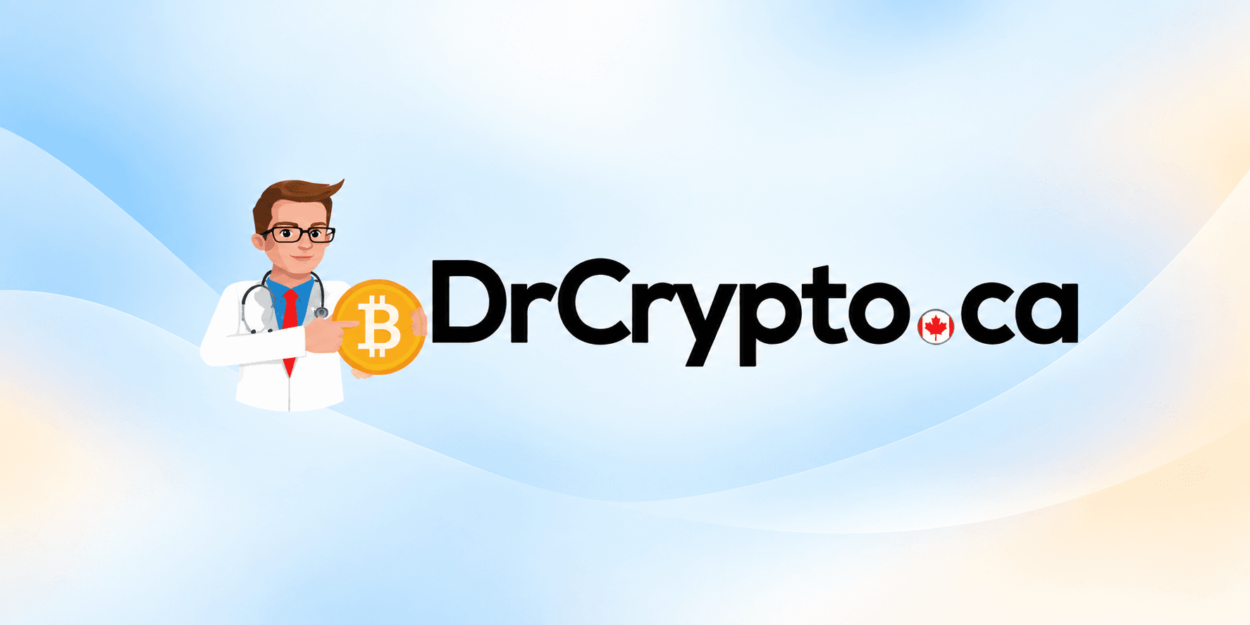 Logo for DrCrypto.ca featuring a cartoon doctor holding a Bitcoin symbol on a gradient background
