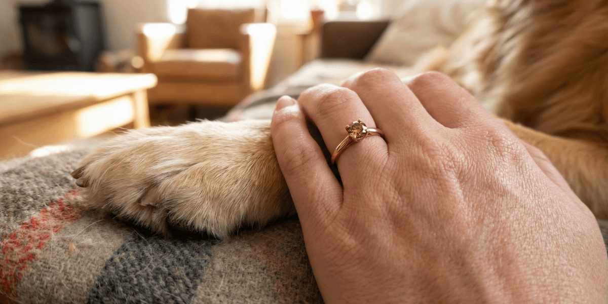 A person’s hand with a ring resting gently on a dog's paw