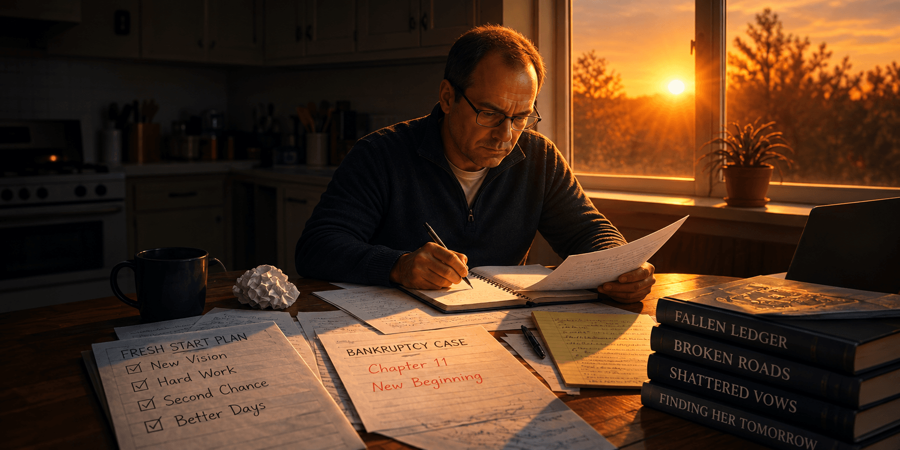 Man reviewing documents at a table with a sunset in the background