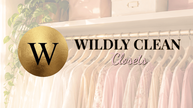 Logo for Wildly Clean Closets with a stylish closet background and clothing racks