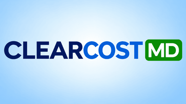 Logo of ClearCost MD in blue and green on a light background
