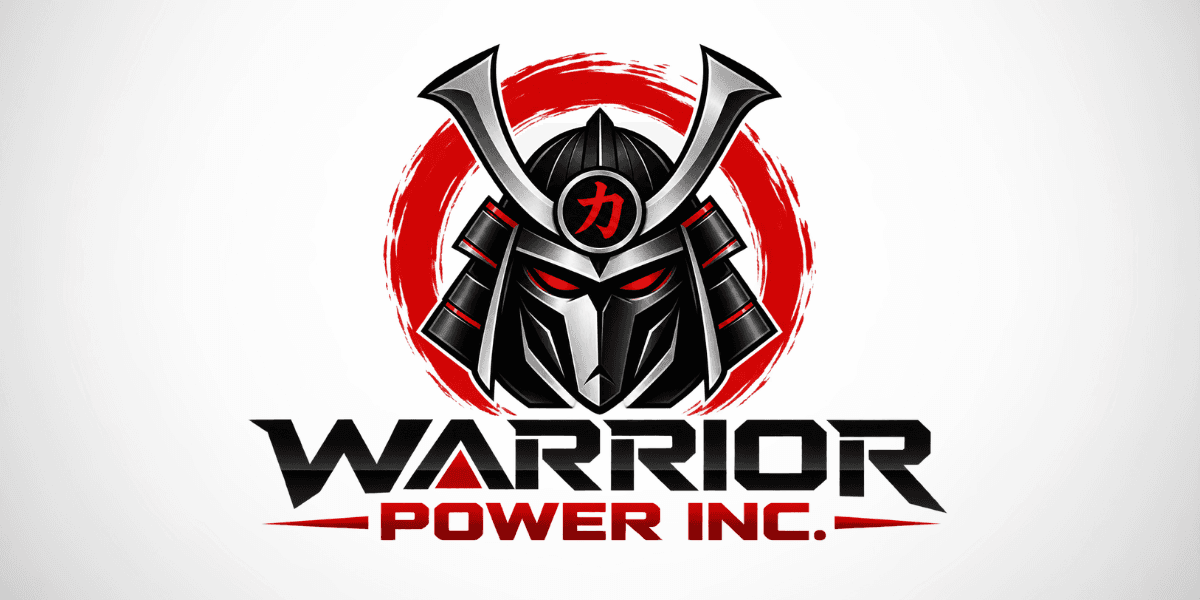 Logo featuring a samurai helmet with red accents and the text Warrior Power Inc