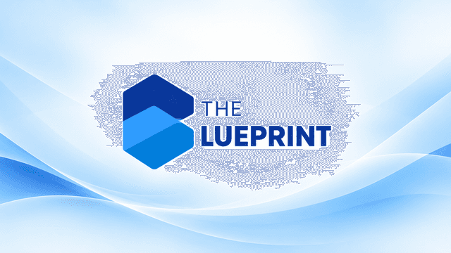 Blue gradient background featuring the logo of "The Blueprint" in blue text