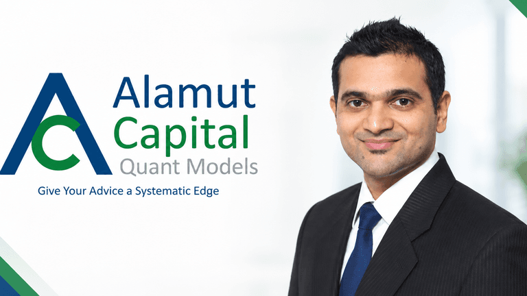 Professional man in a suit beside "Alamut Capital" logo and tagline on a light background