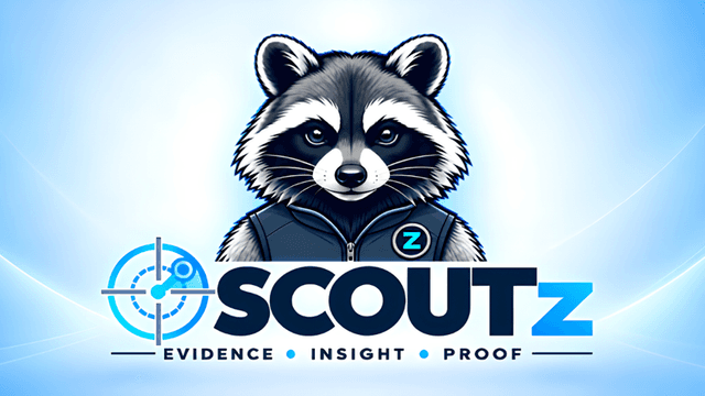 Logo featuring a raccoon in a vest with the word "SCOUTZ" and tagline.