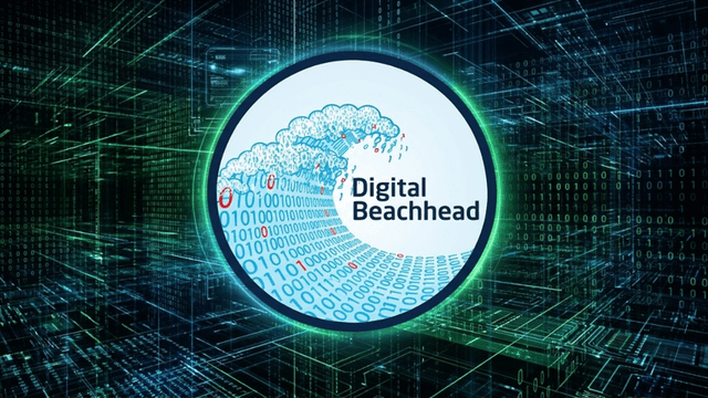 Logo featuring a wave of binary code with "Digital Beachhead" text inside a circle