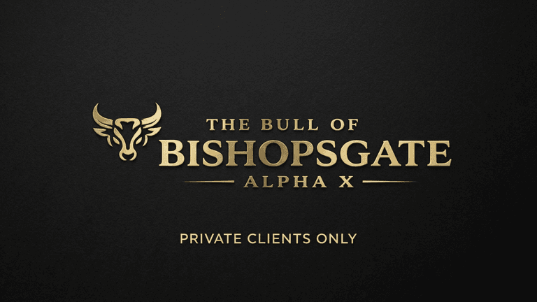 Black-and-white portrait of a suited bald man with dramatic lighting and The Bull of Bishopsgate title.