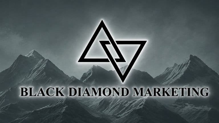Black Diamond Marketing Solutions logo over a mountain landscape with a black and white geometric emblem.