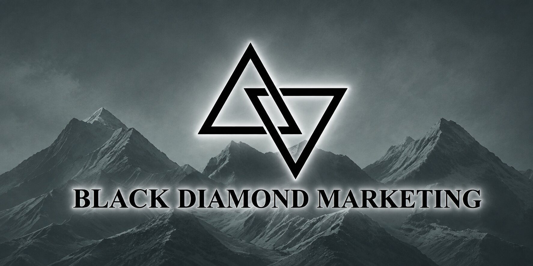 Black Diamond Marketing Solutions logo over a mountain landscape with a black and white geometric emblem.