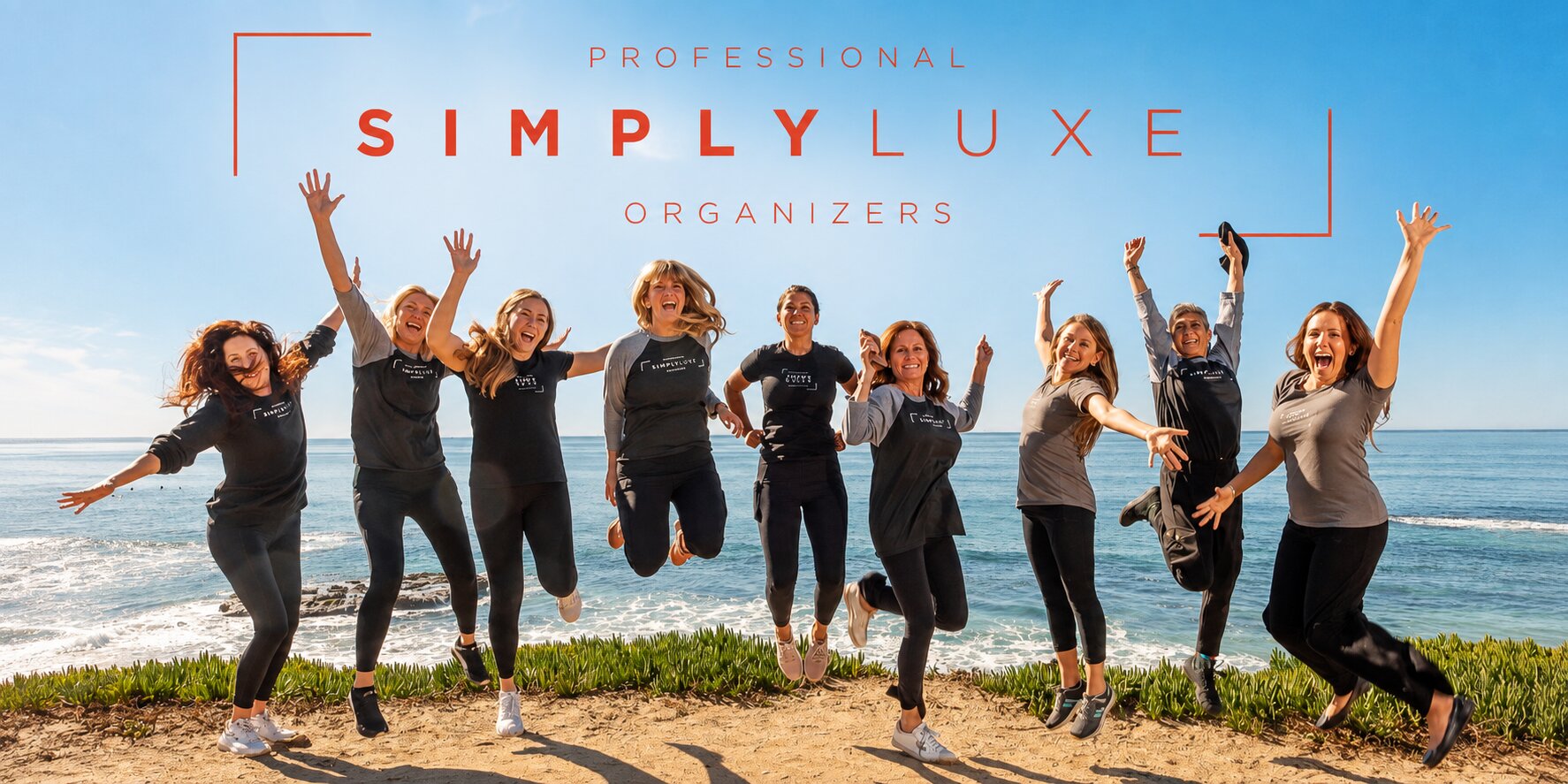 Simply Luxe Organizing team posing together by the ocean beneath the company’s Professional Simply Luxe Organizers branding.