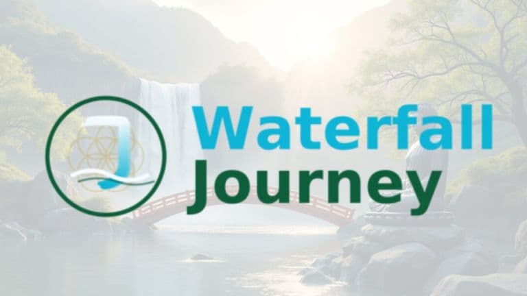 Waterfall Journey logo over serene waterfall landscape, representing clarity, balance, and purposeful living.