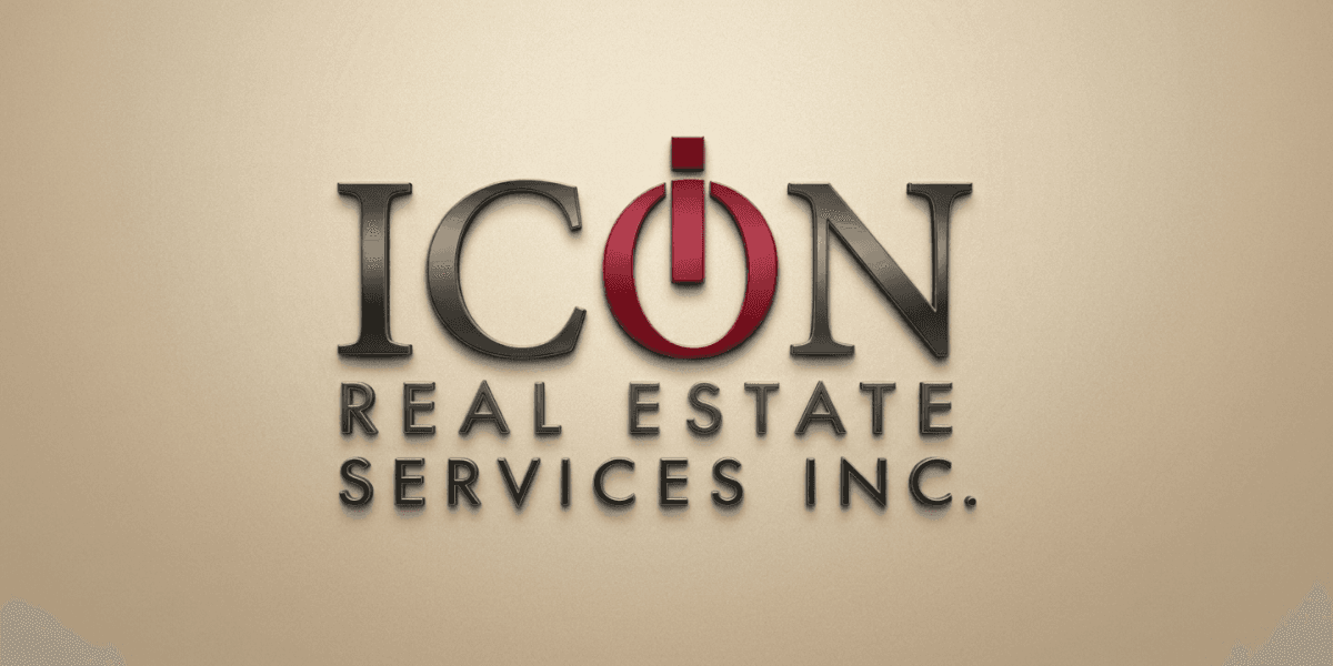 ICON Real Estate Services Inc. logo in black and red lettering on a beige background.