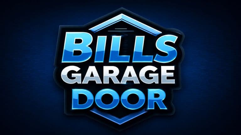 Bills Garage Door logo in blue and white on a dark blue background.