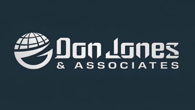 Jones And Associates logo featuring a globe emblem and silver lettering on a dark background.