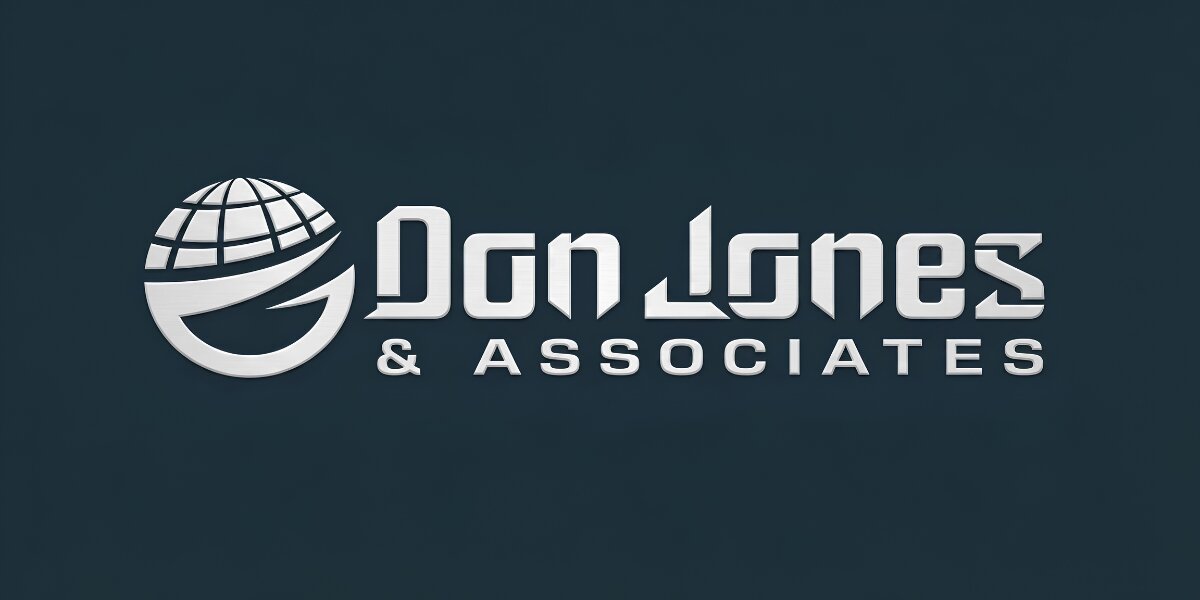 Jones And Associates logo featuring a globe emblem and silver lettering on a dark background.