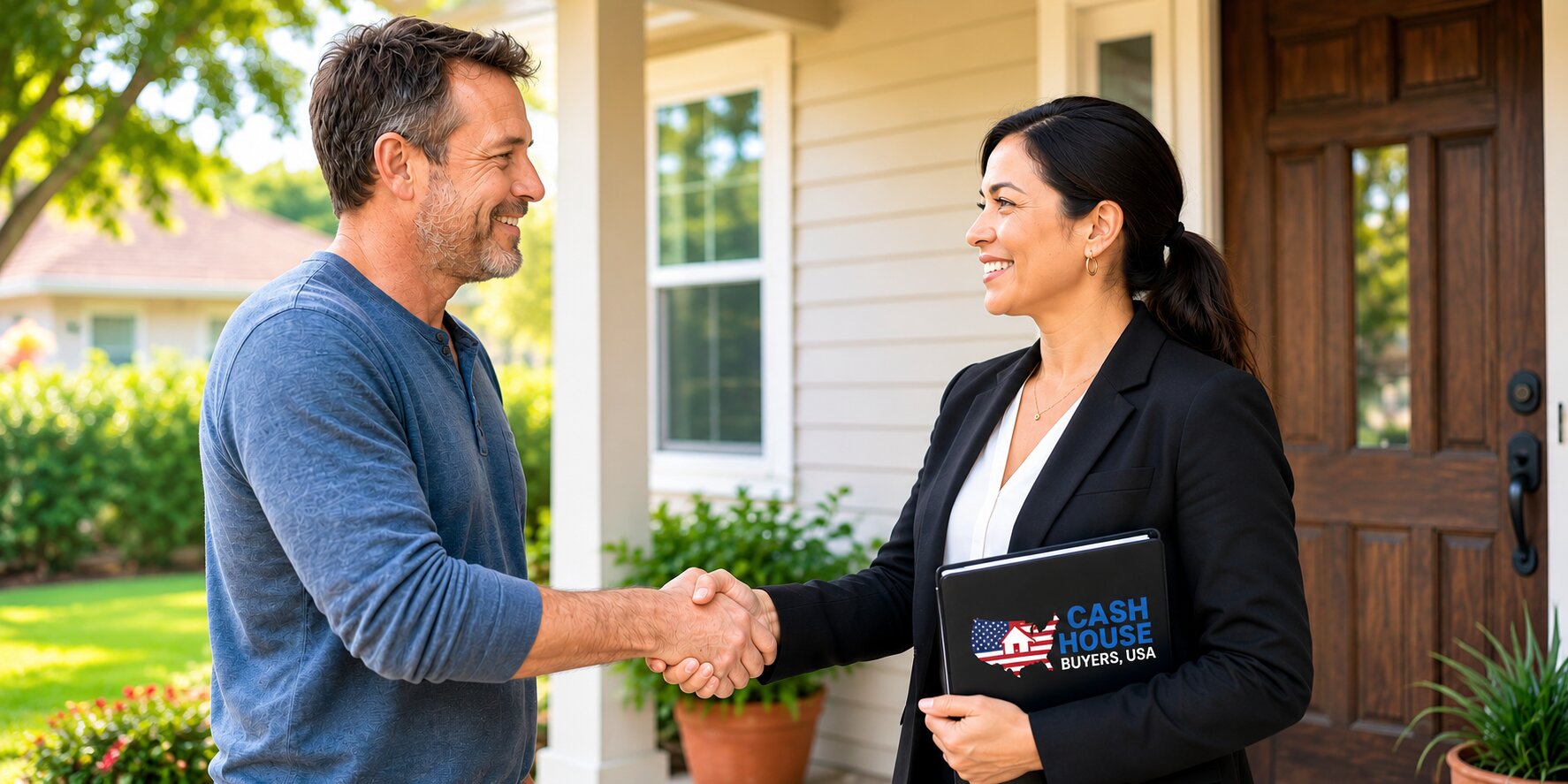 Homeowner shakes hands with a Cash House Buyers USA representative outside a residential property.