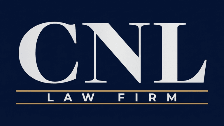 CNL Law Firm logo in white and gold on dark blue background.