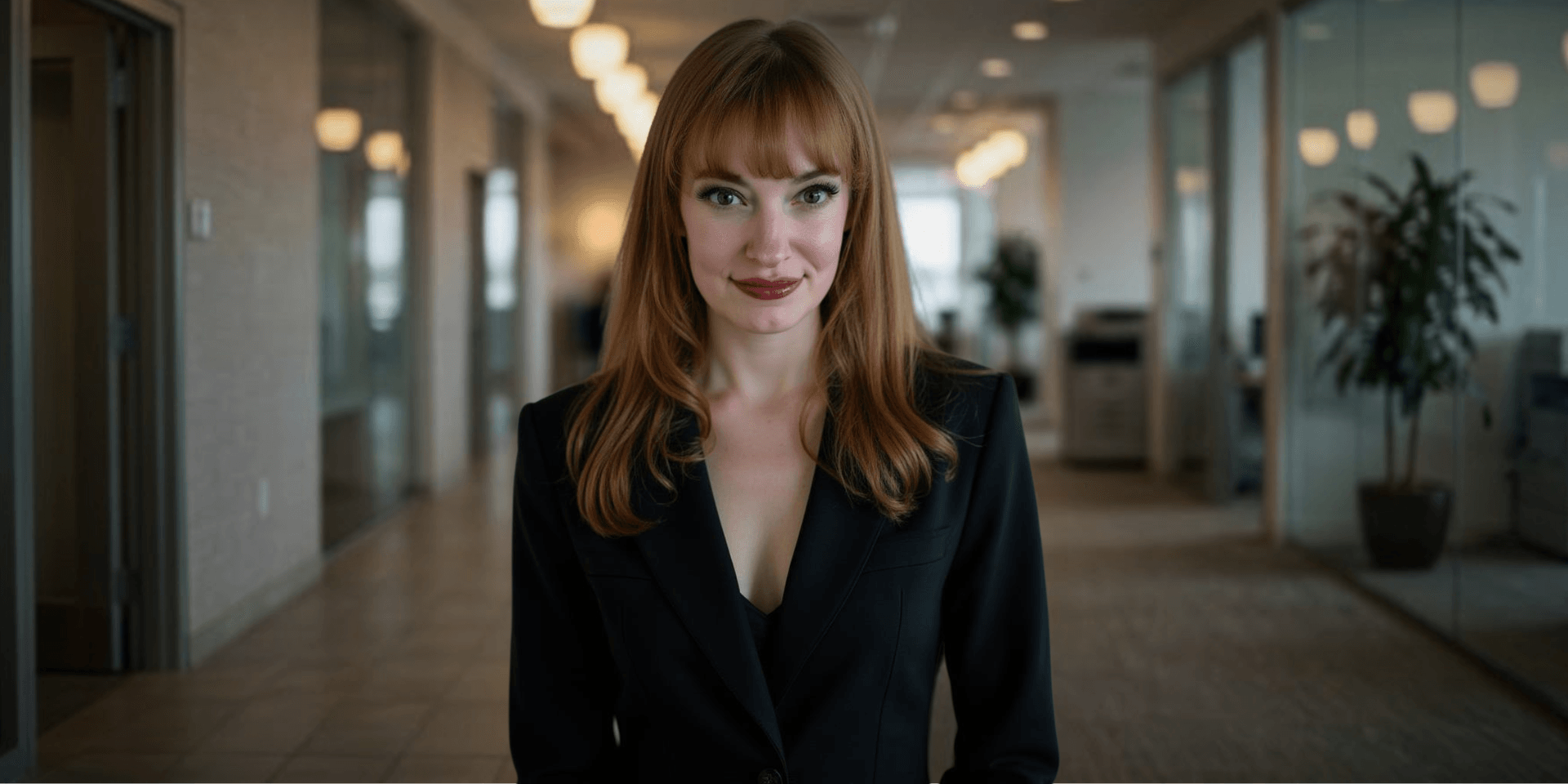 Professional woman with red hair standing confidently in a modern office hallway.