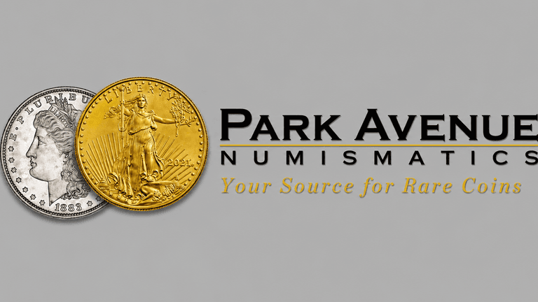 Park Avenue Numismatics logo featuring gold and silver rare coins with company name and tagline.