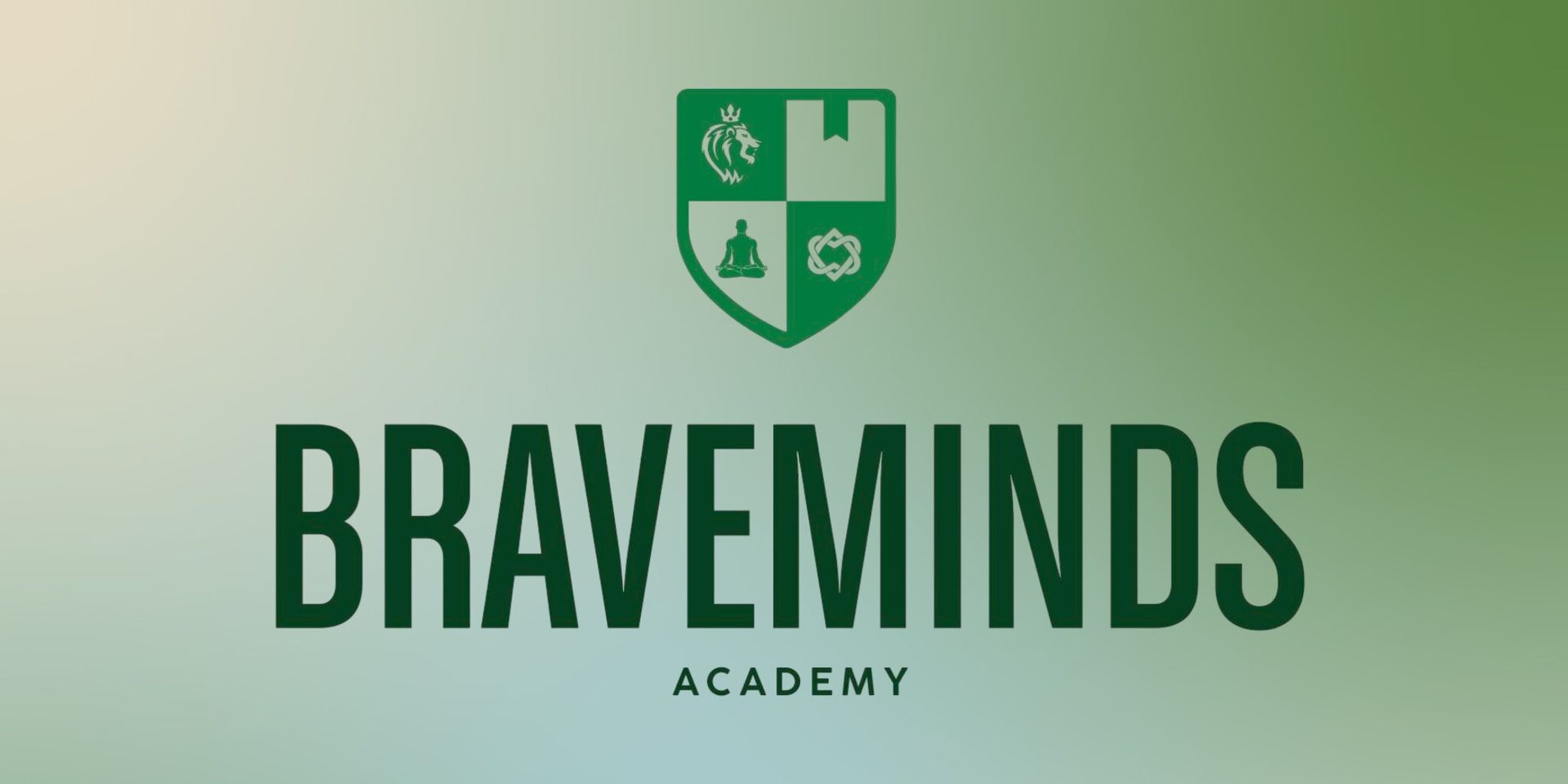Braveminds Academy logo with shield emblem on green gradient background.