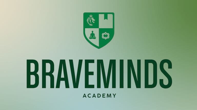 Braveminds Academy logo with shield emblem on green gradient background.